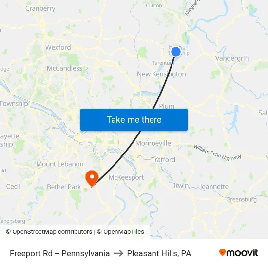 Freeport Rd + Pennsylvania to Pleasant Hills, PA map