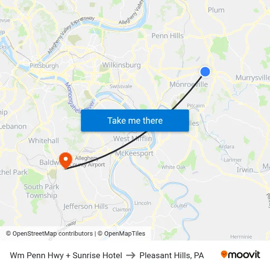 Wm Penn Hwy + Sunrise Hotel to Pleasant Hills, PA map