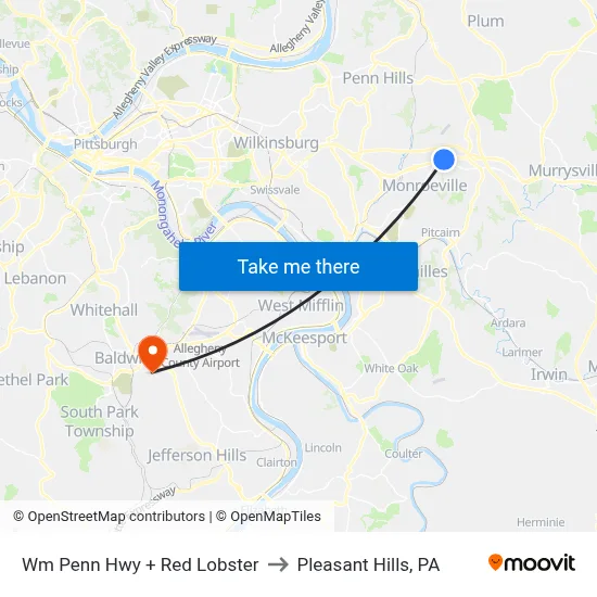 Wm Penn Hwy + Red Lobster to Pleasant Hills, PA map