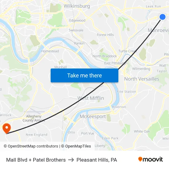 Mall Blvd + Patel Brothers to Pleasant Hills, PA map