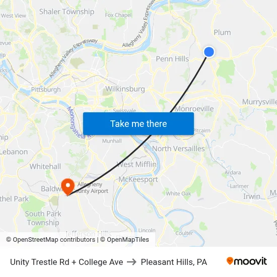 Unity Trestle Rd + College Ave to Pleasant Hills, PA map