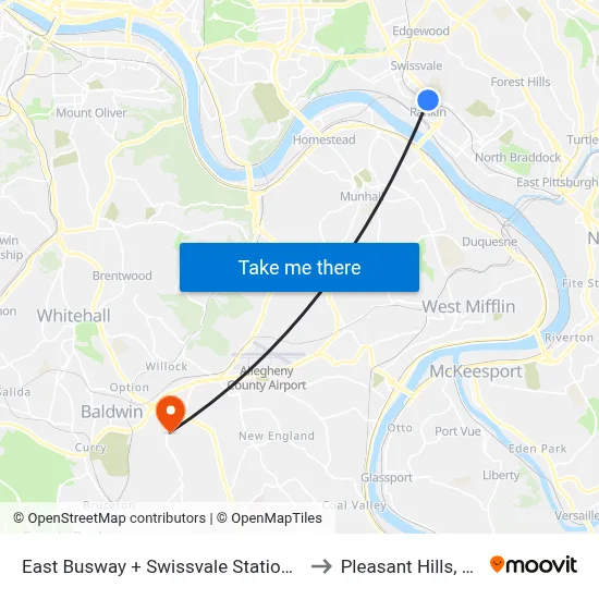 East Busway + Swissvale Station A to Pleasant Hills, PA map