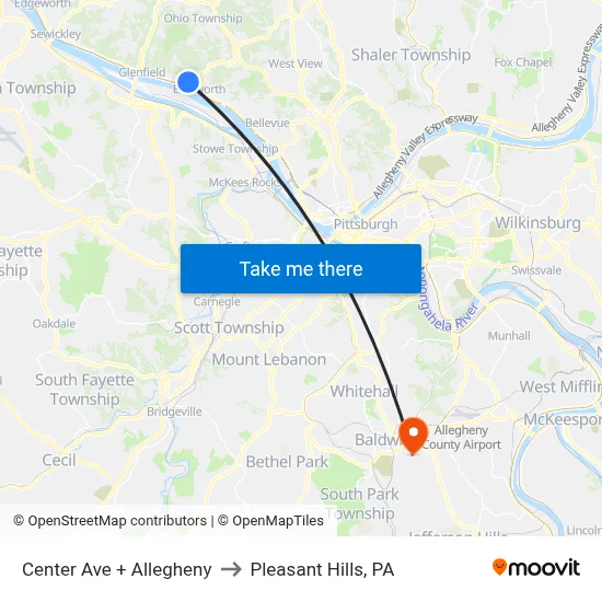 Center Ave + Allegheny to Pleasant Hills, PA map