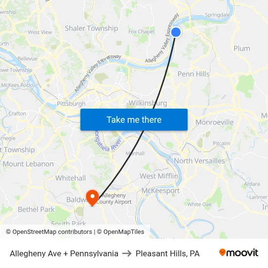 Allegheny Ave + Pennsylvania to Pleasant Hills, PA map