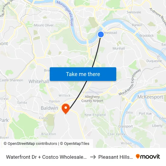 Waterfront Dr + Costco Wholesale Drvwy to Pleasant Hills, PA map