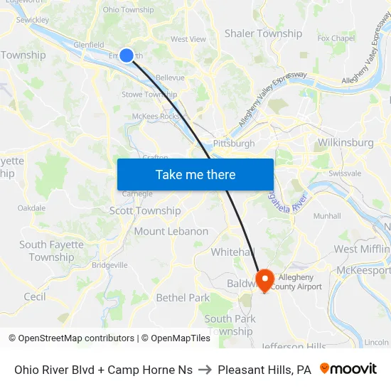 Ohio River Blvd + Camp Horne Ns to Pleasant Hills, PA map