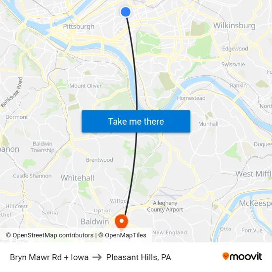 Bryn Mawr Rd + Iowa to Pleasant Hills, PA map