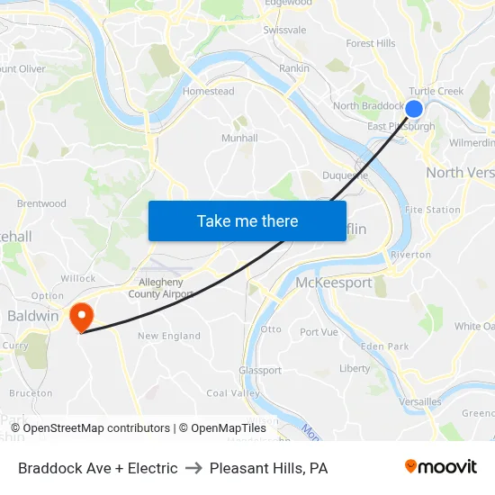 Braddock Ave + Electric to Pleasant Hills, PA map