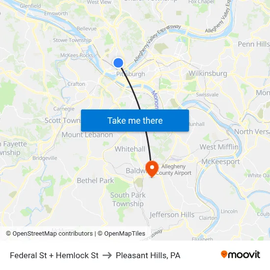 Federal St + Hemlock St to Pleasant Hills, PA map