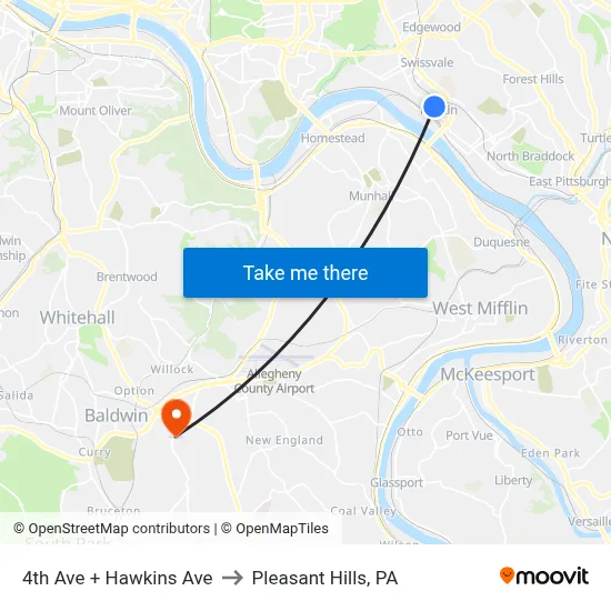 4th Ave + Hawkins Ave to Pleasant Hills, PA map