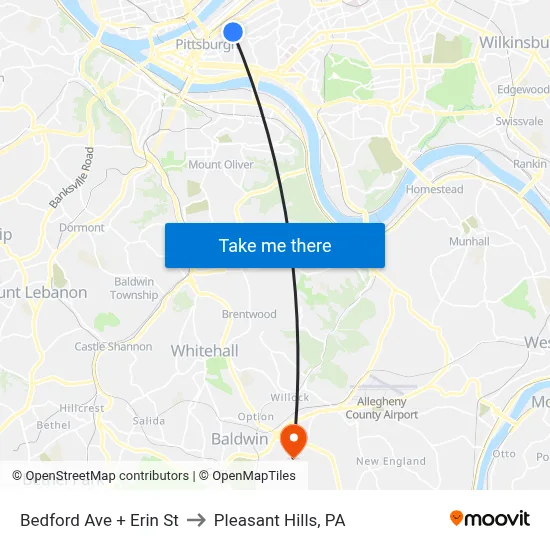 Bedford Ave + Erin St to Pleasant Hills, PA map