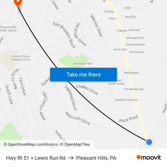 Hwy Rt 51 + Lewis Run Rd to Pleasant Hills, PA map