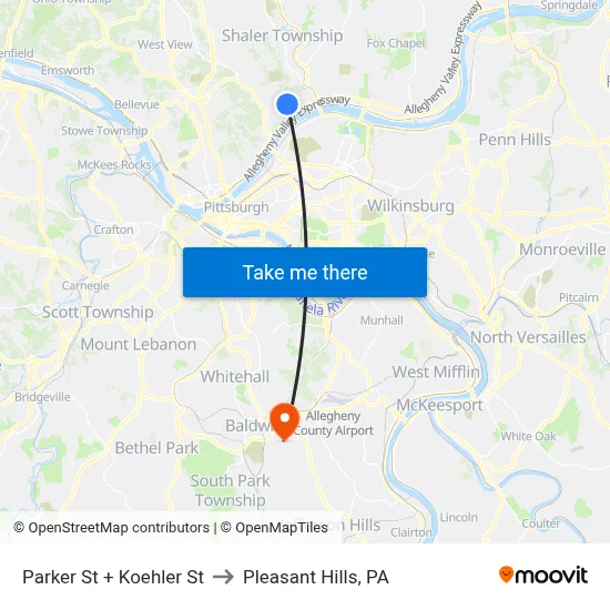 Parker St + Koehler St to Pleasant Hills, PA map