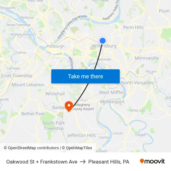 Oakwood St + Frankstown Ave to Pleasant Hills, PA map