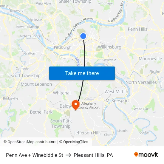 Penn Ave + Winebiddle St to Pleasant Hills, PA map