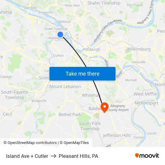 Island Ave + Cutler to Pleasant Hills, PA map