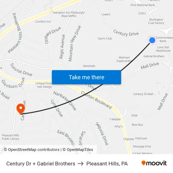 Century Dr + Gabriel Brothers to Pleasant Hills, PA map