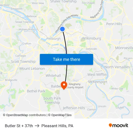 Butler St + 37th to Pleasant Hills, PA map