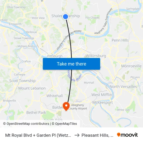 Mt Royal Blvd + Garden Pl (Wetzell) to Pleasant Hills, PA map