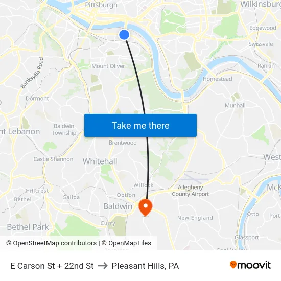 E Carson St + 22nd St to Pleasant Hills, PA map