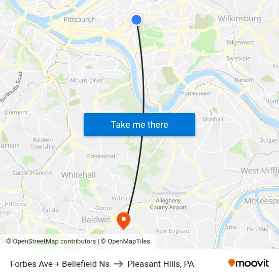 Forbes Ave + Bellefield Ns to Pleasant Hills, PA map