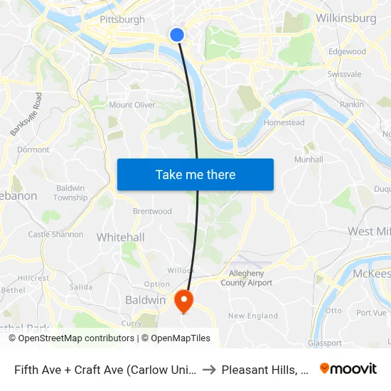 Fifth Ave + Craft Ave (Carlow Univ) to Pleasant Hills, PA map