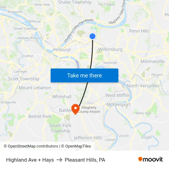 Highland Ave + Hays to Pleasant Hills, PA map