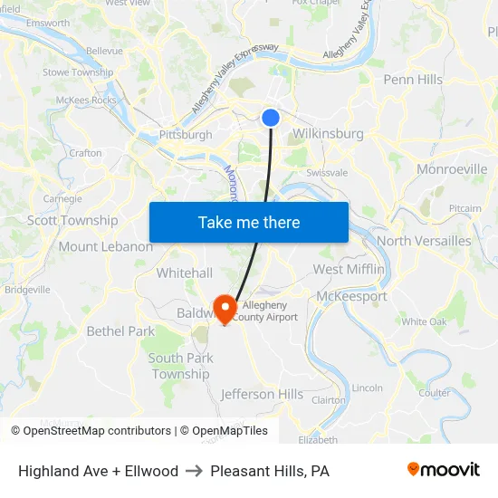 Highland Ave + Ellwood to Pleasant Hills, PA map