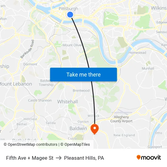 Fifth Ave + Magee St to Pleasant Hills, PA map