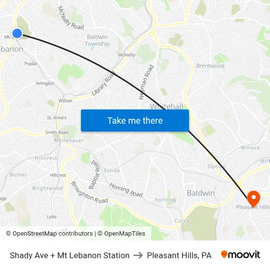 Shady Ave + Mt Lebanon Station to Pleasant Hills, PA map