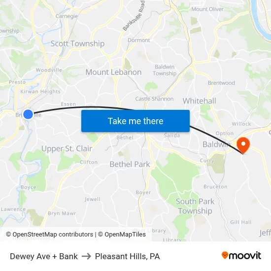 Dewey Ave + Bank to Pleasant Hills, PA map