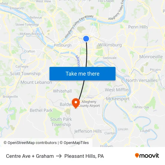 Centre Ave + Graham to Pleasant Hills, PA map