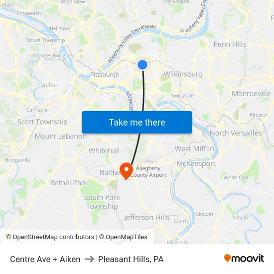 Centre Ave + Aiken to Pleasant Hills, PA map