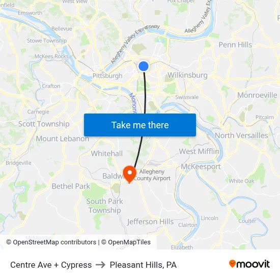 Centre Ave + Cypress to Pleasant Hills, PA map