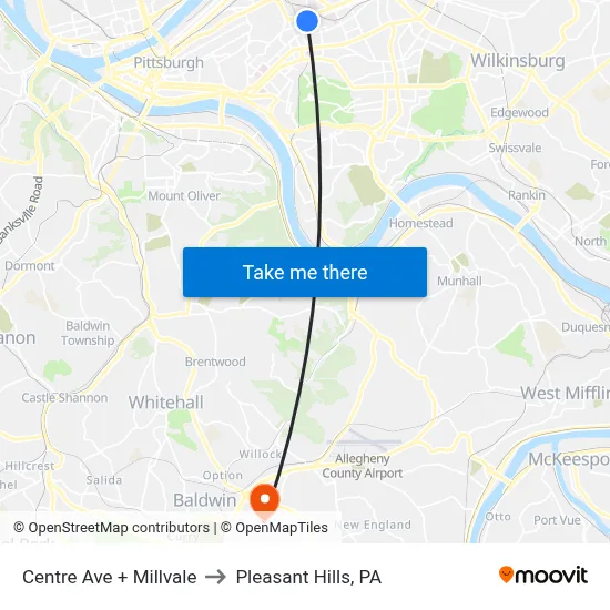 Centre Ave + Millvale to Pleasant Hills, PA map