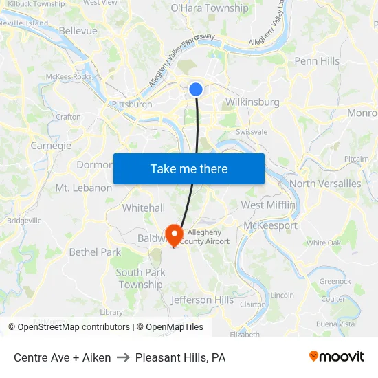 Centre Ave + Aiken to Pleasant Hills, PA map