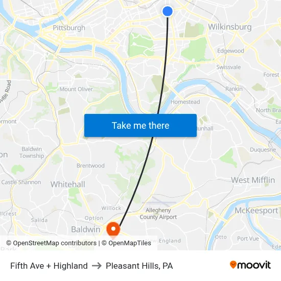 Fifth Ave + Highland to Pleasant Hills, PA map
