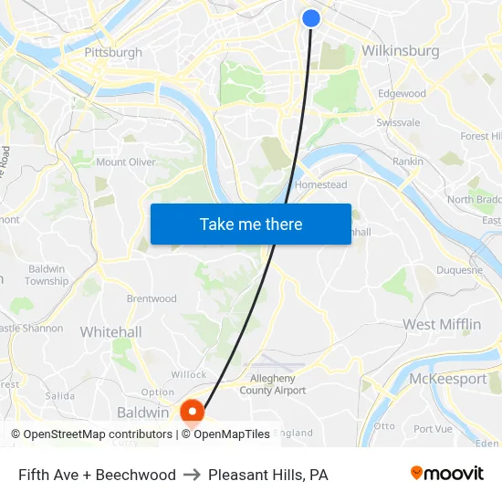 Fifth Ave + Beechwood to Pleasant Hills, PA map