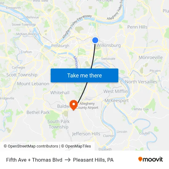 Fifth Ave + Thomas Blvd to Pleasant Hills, PA map