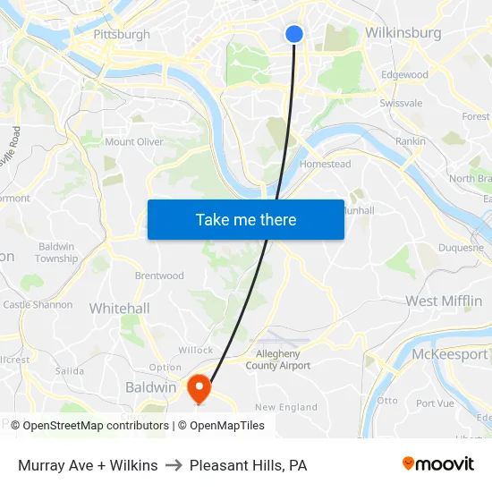 Murray Ave + Wilkins to Pleasant Hills, PA map