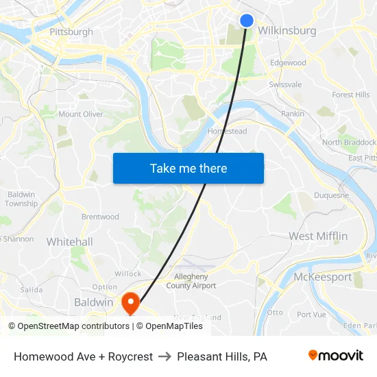 Homewood Ave + Roycrest to Pleasant Hills, PA map