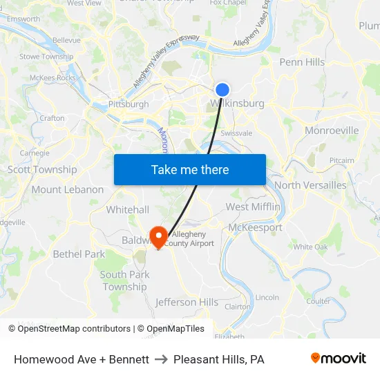 Homewood Ave + Bennett to Pleasant Hills, PA map