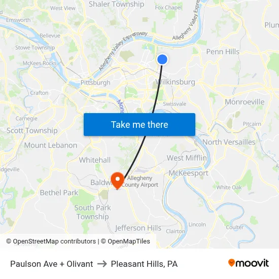 Paulson Ave + Olivant to Pleasant Hills, PA map