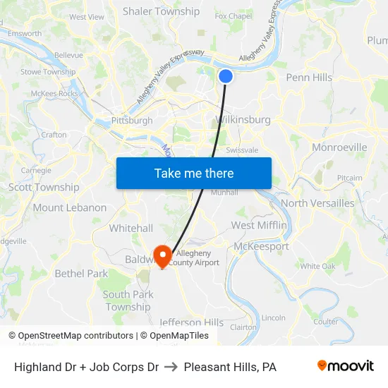 Highland Dr + Job Corps Dr to Pleasant Hills, PA map