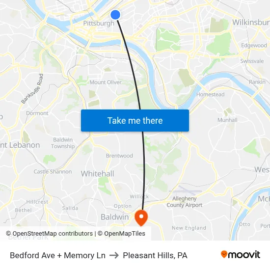 Bedford Ave + Memory Ln to Pleasant Hills, PA map
