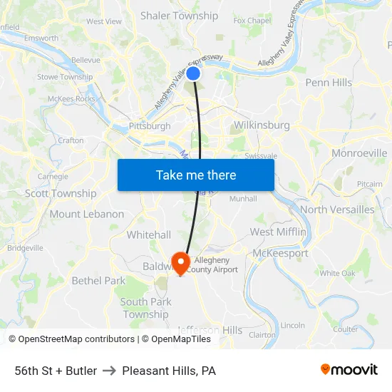 56th St + Butler to Pleasant Hills, PA map