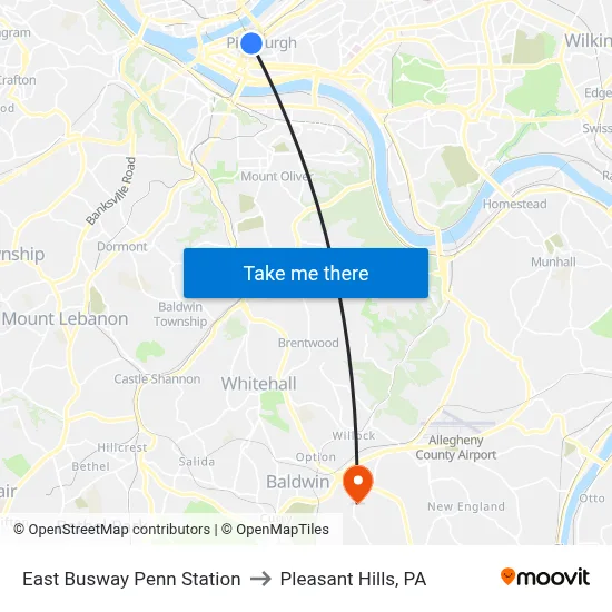 East Busway Penn Station to Pleasant Hills, PA map