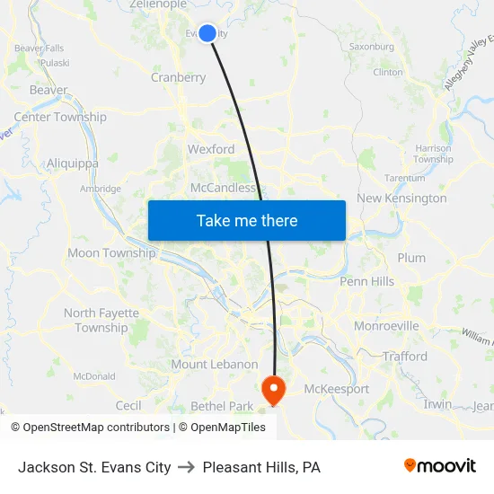 Jackson St. Evans City to Pleasant Hills, PA map