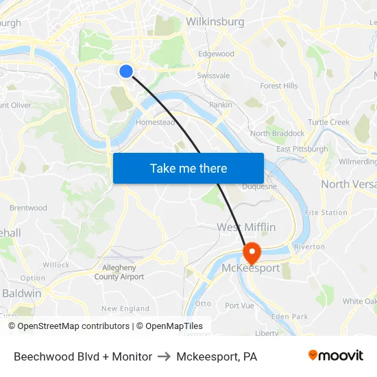 Beechwood Blvd + Monitor to Mckeesport, PA map