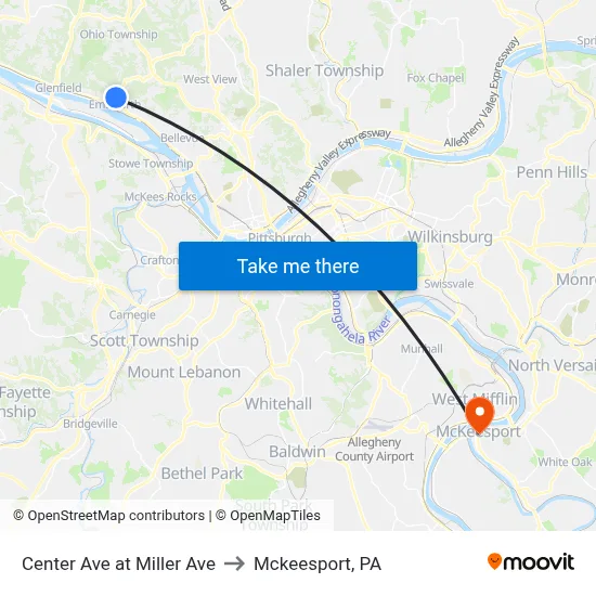 Center Ave at Miller Ave to Mckeesport, PA map